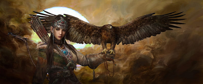 Girl with eagle, girl, bird, eagle, pasari, ningbo jiang, art, wings, luminos, fantasy, vultur, jewel, HD wallpaper