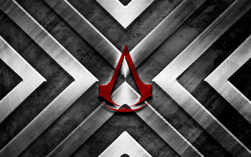 Assassins Creed metal logo gray metal background, metal arrows, Assassins Creed logo, creative, Assassins Creed red logo, Assassins Creed, HD wallpaper