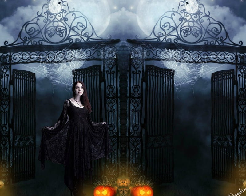 Gothic woman, goth, gate, pumpkin, black, woman, HD wallpaper