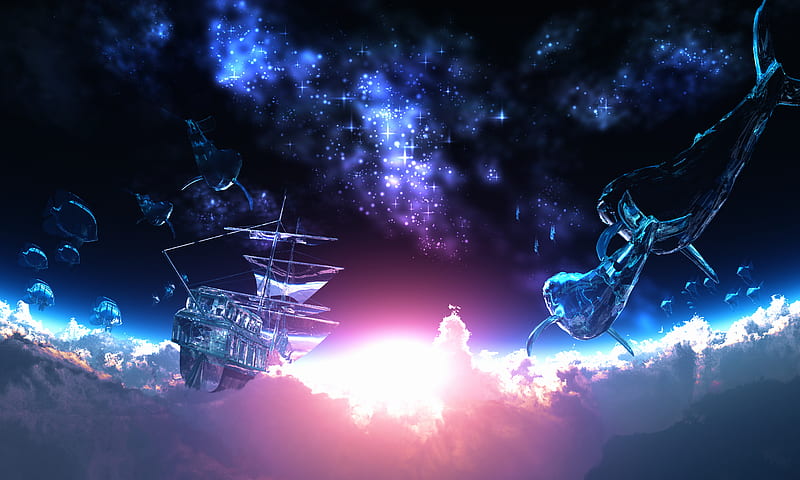 Anime, Fantasy, Sun, Stars, 3D, Ship, Cloud, Fish, Whale, Original, Cgi, HD wallpaper