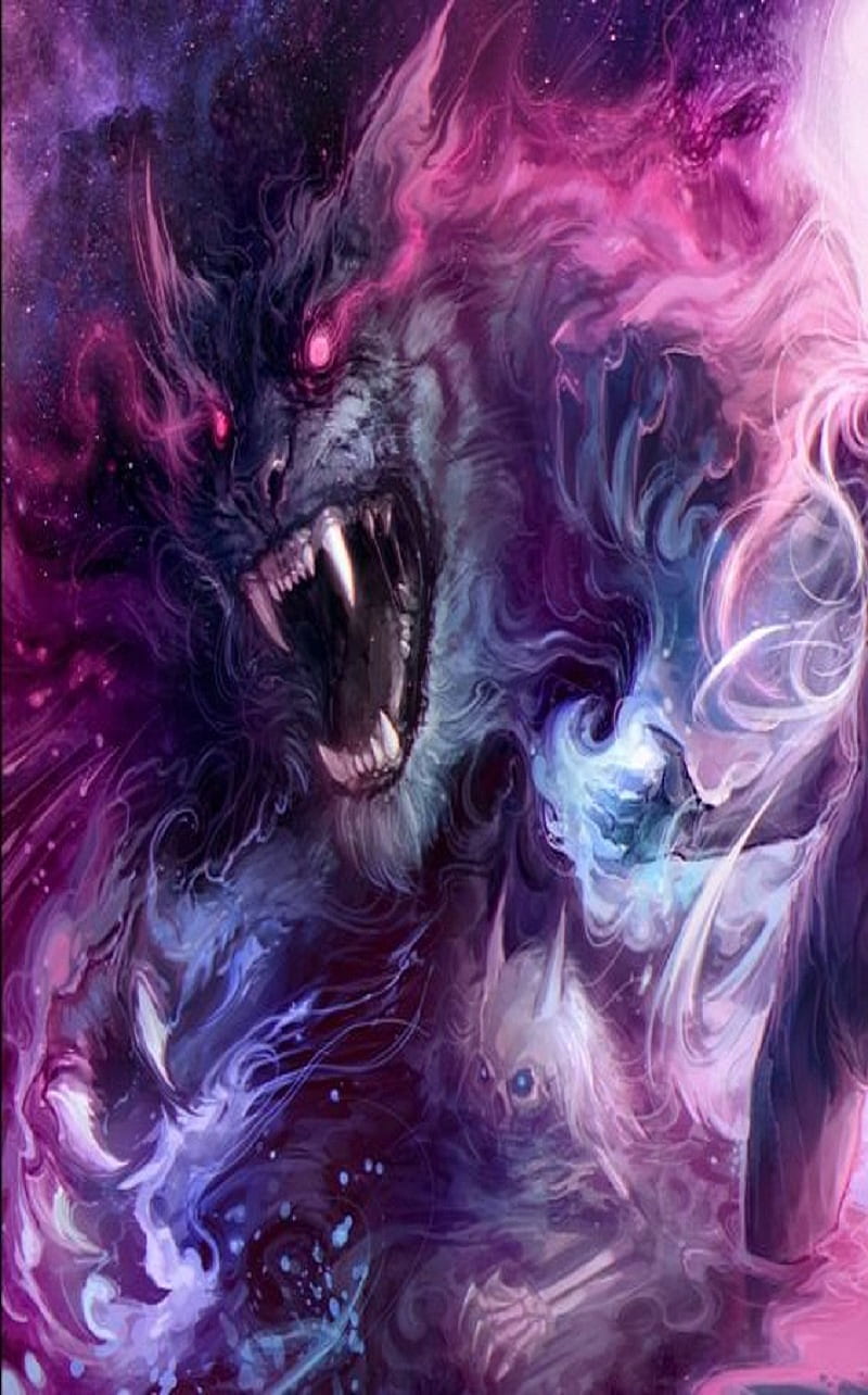 werewolf spirit , fantasy, purple, nebula, HD phone wallpaper