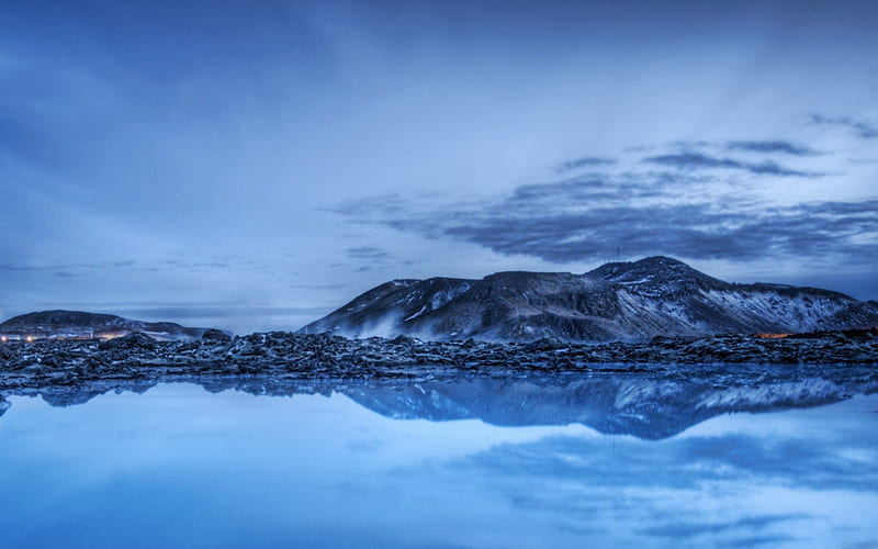 Blue Lagoon Iceland, bonito, iceland, sky, clouds, lagoon, water, mountains, nature, reflection, blue, HD wallpaper