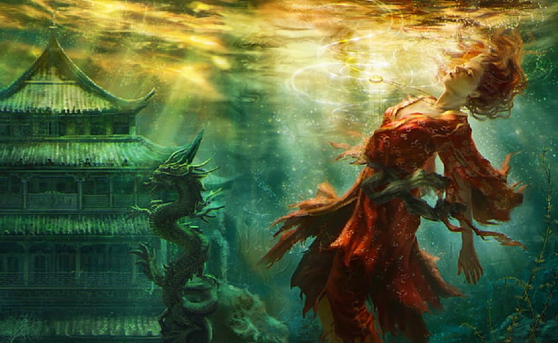 Sunken City, pretty, underwater, art, dead, female, bonito, woman, fantasy, city, girl, pagoda, serene, digital, HD wallpaper