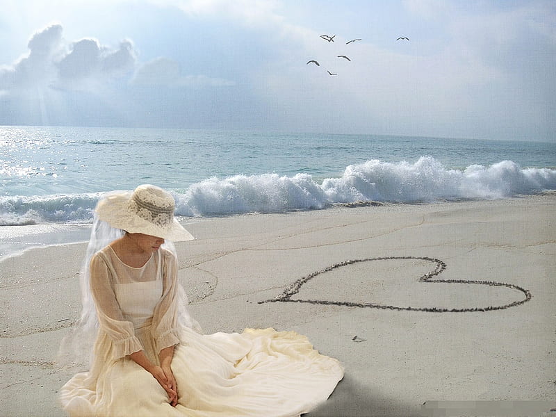 Waiting..., dress, shore, bonito, woman, clouds, beach, graphy, sand, emotional, love, beauty, sentimental, ocean, waves, sky, abstract, hat, water, girl, heart, lady, white, inlove, HD wallpaper