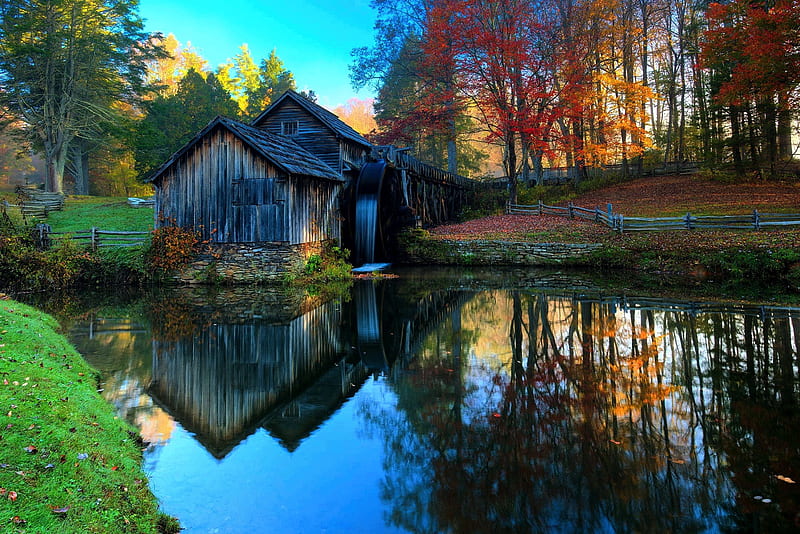 Watermill at the Blue Ridge Parkway, North Carolina, sunset, trees, mill, pond, water, reflections, HD wallpaper