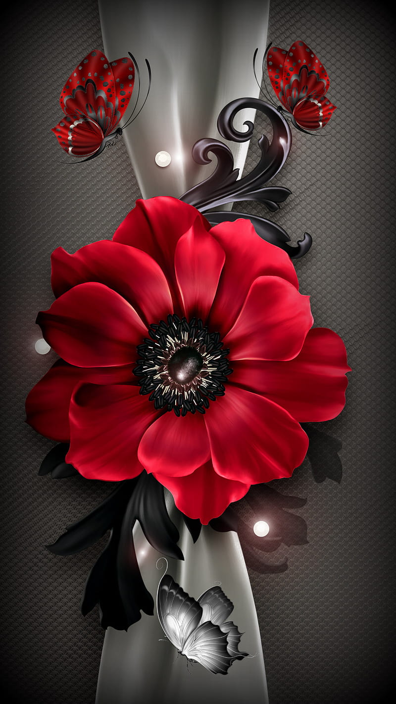 Flowers, abstract, butterflies, flower, gris, lotus, red, HD phone wallpaper