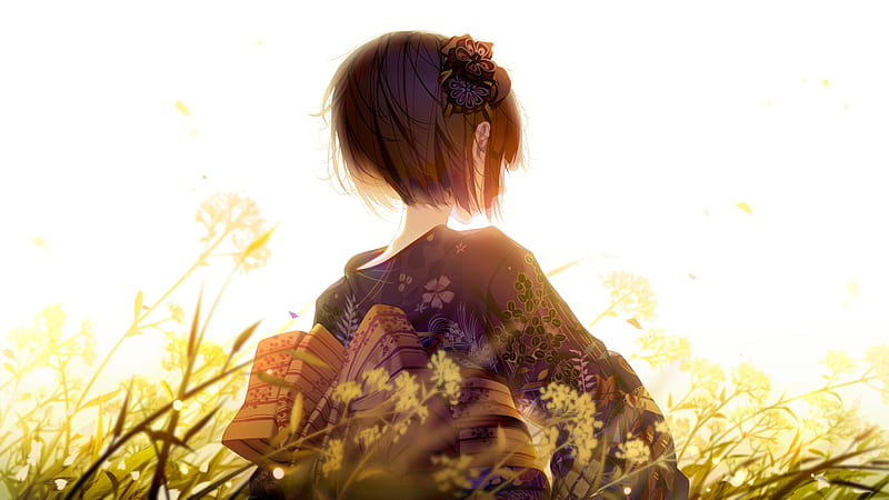 anime girl, kimono, short hair, back view, flowers, Anime, HD wallpaper