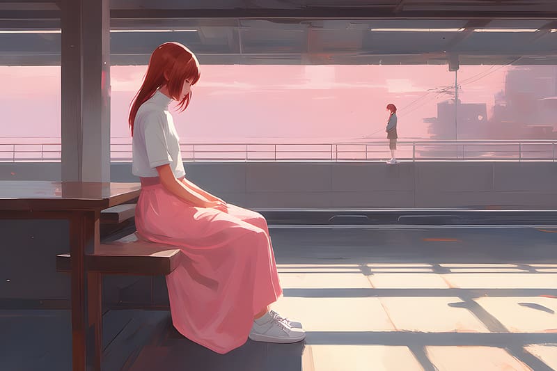Loneliness On The Railway Tracks, anime-girl, anime, pink, artist, artwork, digital-art, HD wallpaper