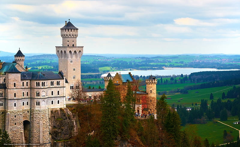 Neuschwanstein Castle in Summer, architecture, panoramic, view, Ludwig, summer, castle, HD wallpaper