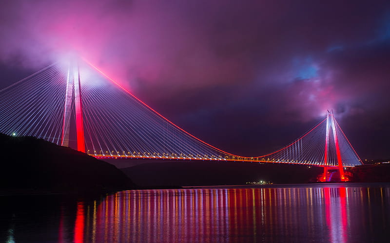 Yavuz Sultan Selim Bridge, Bosphorus, evening, suspension bridge, lighting, city lights Istanbul, Turkey, HD wallpaper