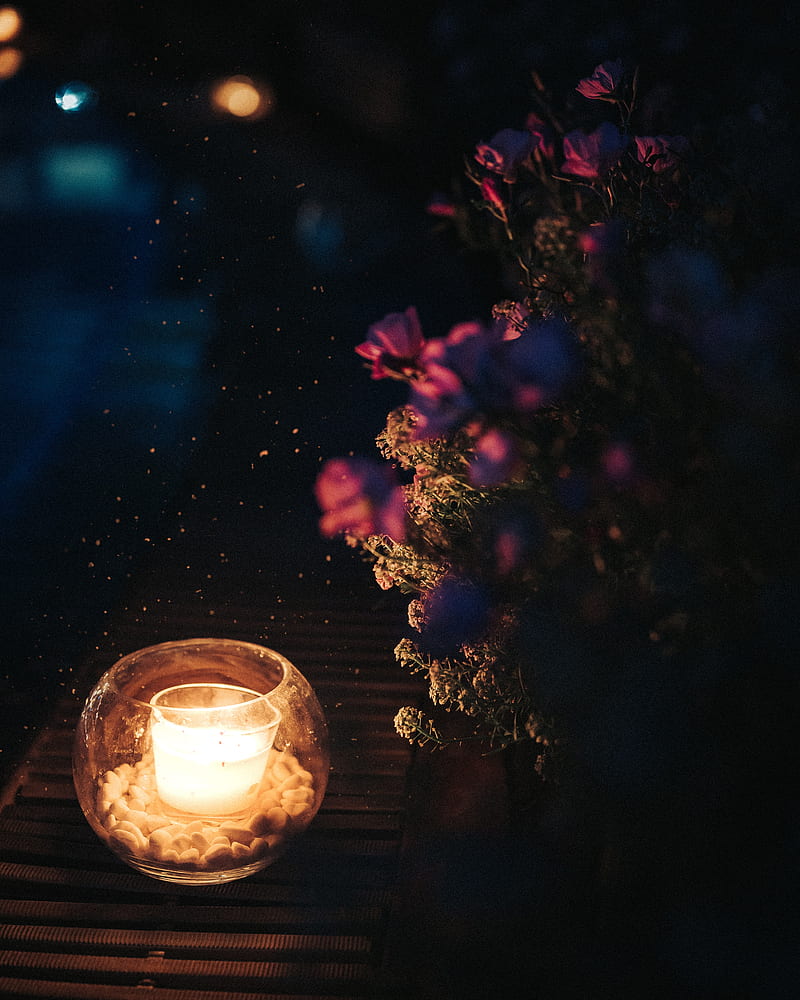 candle, sparks, flowers, night, dark, HD phone wallpaper