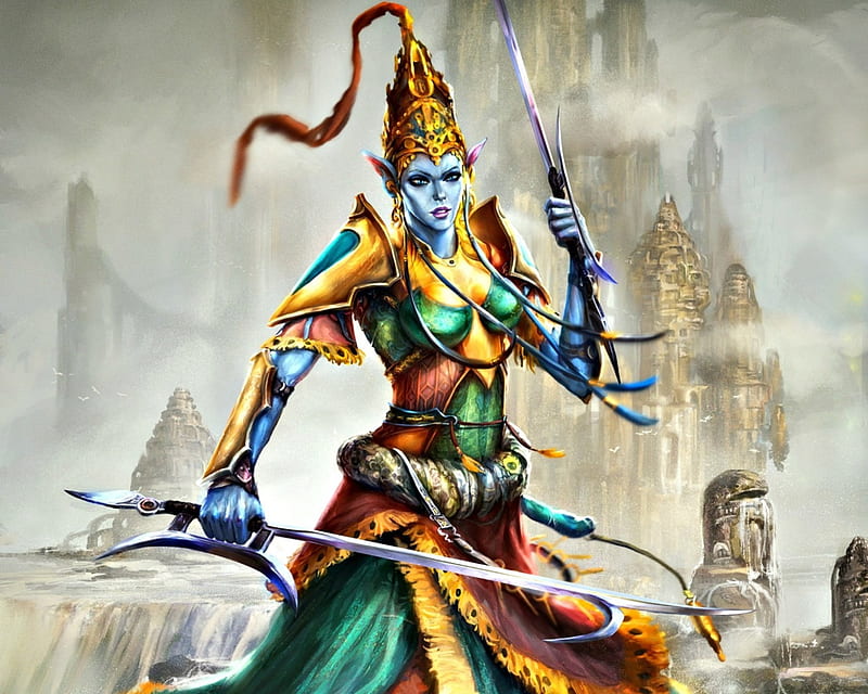 Djinn, art, orange, yellow, woman, avatar, fantasy, girl, green, tsabo6, weapon, sword, blue, HD wallpaper