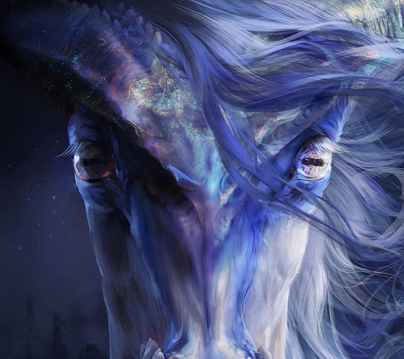 What lies beneath, fantasy, horse, white, dragon, blue, creature, cassandre bolan, luminos, eyes, HD wallpaper