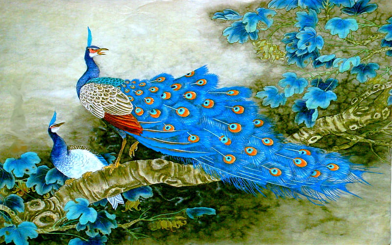 Peacocks, art, luminos, pasare, peacock, green, bird, feather, paun, painting, summer, flower, asian, chinese, pictura, couple, blue, HD wallpaper