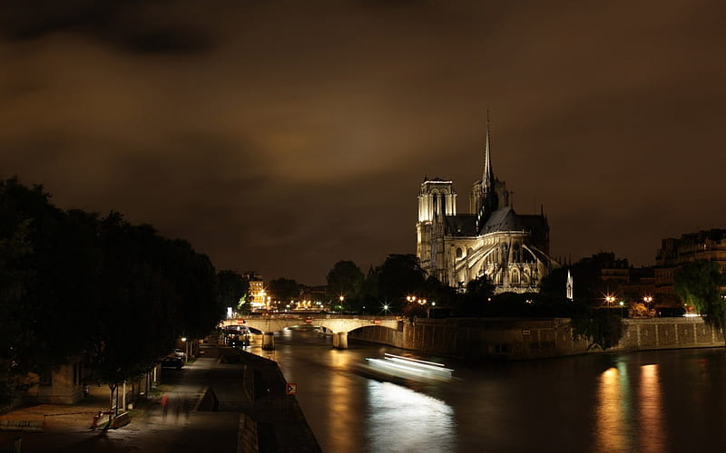 fantastic night view of notre dame cathedral, cathedral, bridge, river, clouds, night, HD wallpaper