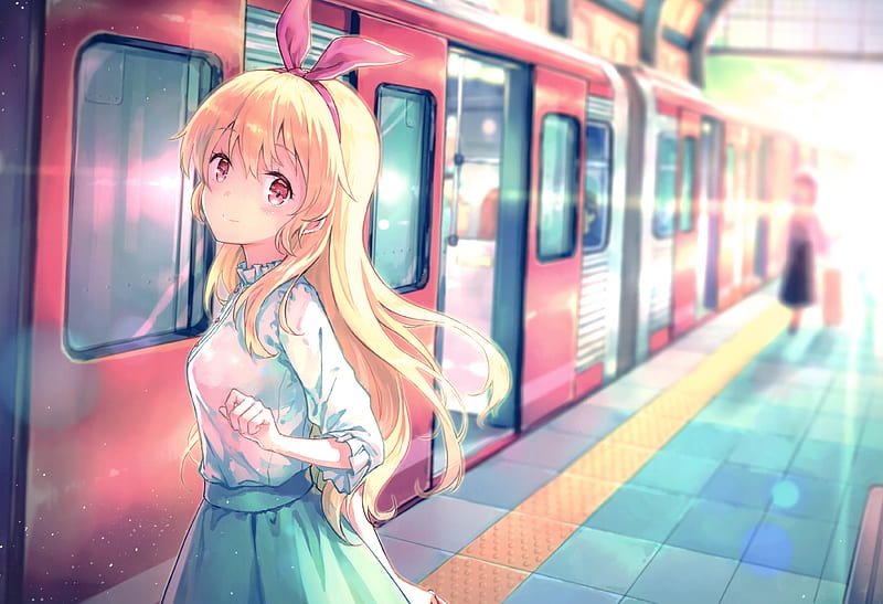 blonde, anime girl, train, smiling, Anime, HD wallpaper