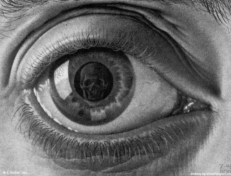 M C Escher Eye, escher, mans, human, eye, skull, HD wallpaper