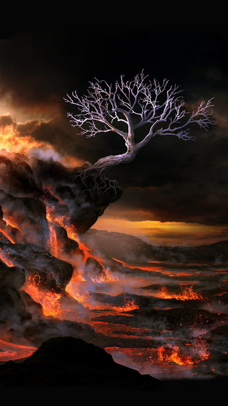 tree volcano, arbre, lava, tree, volcan, volcano, HD phone wallpaper
