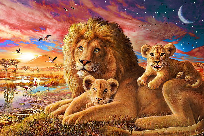 Lions, family, orange, sunset, africa, fantasy, moon, adrian chesterman, pink, blue, art, moon, luminos, leu, sky, lion, cute, cub, HD wallpaper