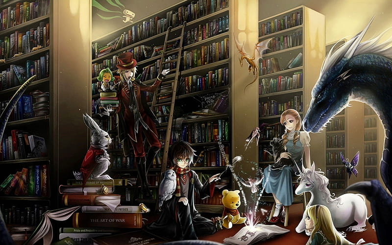 Magic Library, males, stars, eple, books, anime girls, magic, horse, anime boys, bookshelf, library, anime, people, females, magic anime library, animals, HD wallpaper