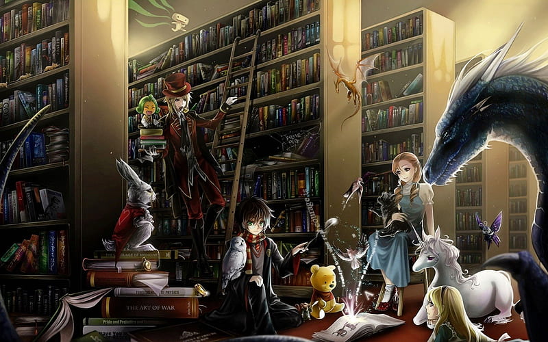 Download Anime Boy Dark In Library Wallpaper