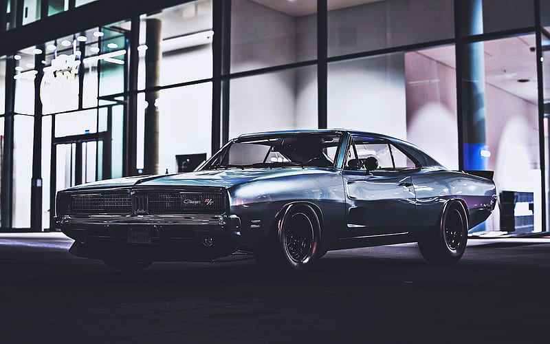 Dodge Charger RT, muscle cars, 1969 cars, night, retro cars, gray Charger, tuning, american cars, Dodge, HD wallpaper