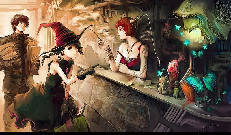 Where is that special spell?, pretty, witch, friend, books, shopping, bonito, woman, fantasy, butterfly, anime, tatoo, black hair, man, red hair, sexy, hat, cute, girl, store, HD wallpaper