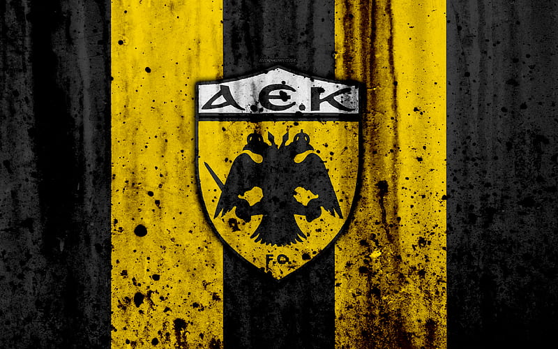 AEK Athens FC Greece Super League, grunge, stone texture, AEK logo, emblem, Greek football club, Athens, Greece, HD wallpaper