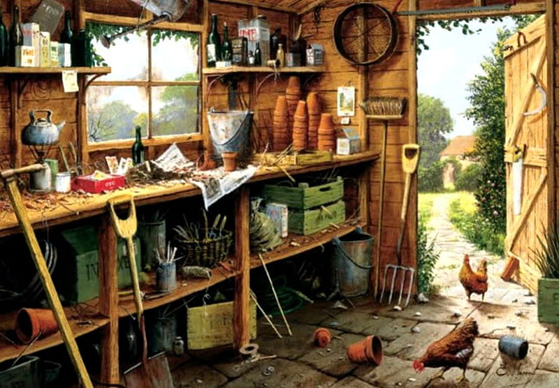 THE GARDEN SHED, storage, interior, doorway, farm shed, indoors, tools, chickens, HD wallpaper