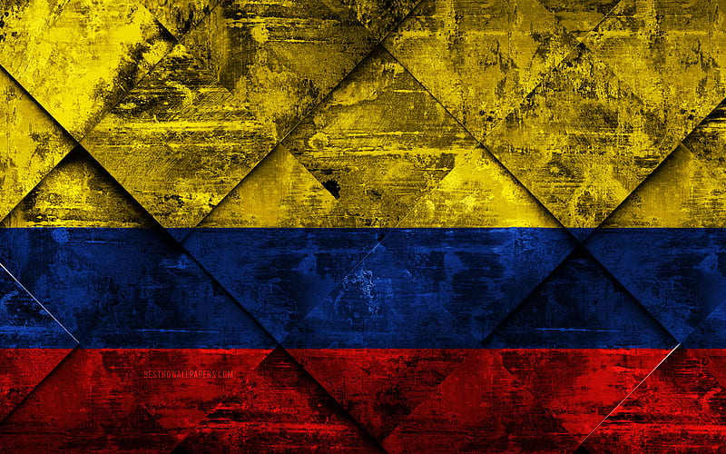 Flag of Colombia grunge art, rhombus grunge texture, Colombian flag, South America, national symbols, Colombia, creative art, HD wallpaper