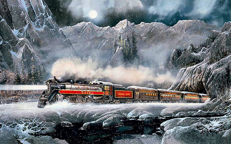 Snow Train F2, railroad, art, locomotive, artwork, winter, train, snow, engine, painting, wide screen, tracks, HD wallpaper
