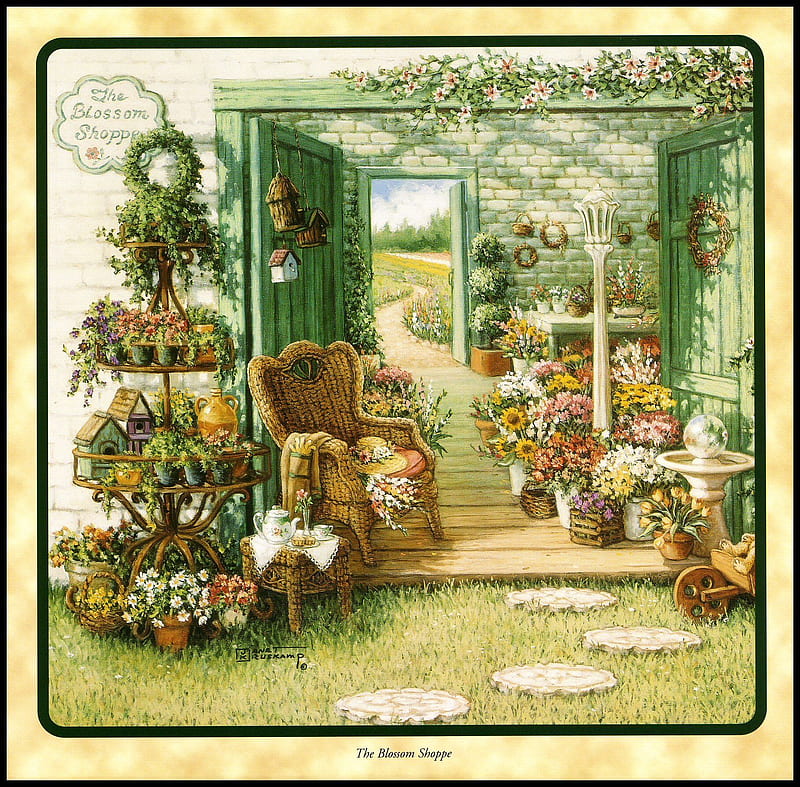 The Blossom Shoppe, pots flowers, wicker, country, green house, farm, planters, green, chairs, gardens, HD wallpaper