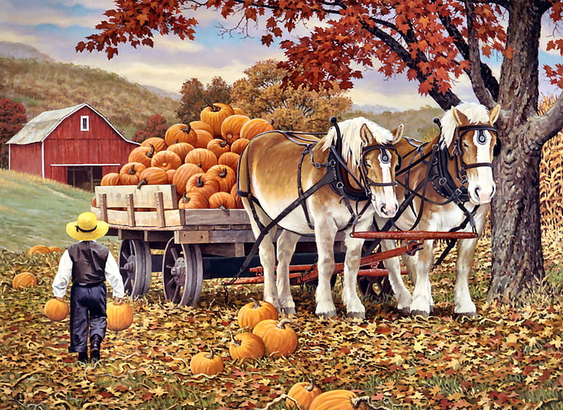Pumpkin Patch F1, little boy, art, equine, bonito, horse, artwork, animal, farm, painting, wide screen, pumpkins, draft team, HD wallpaper