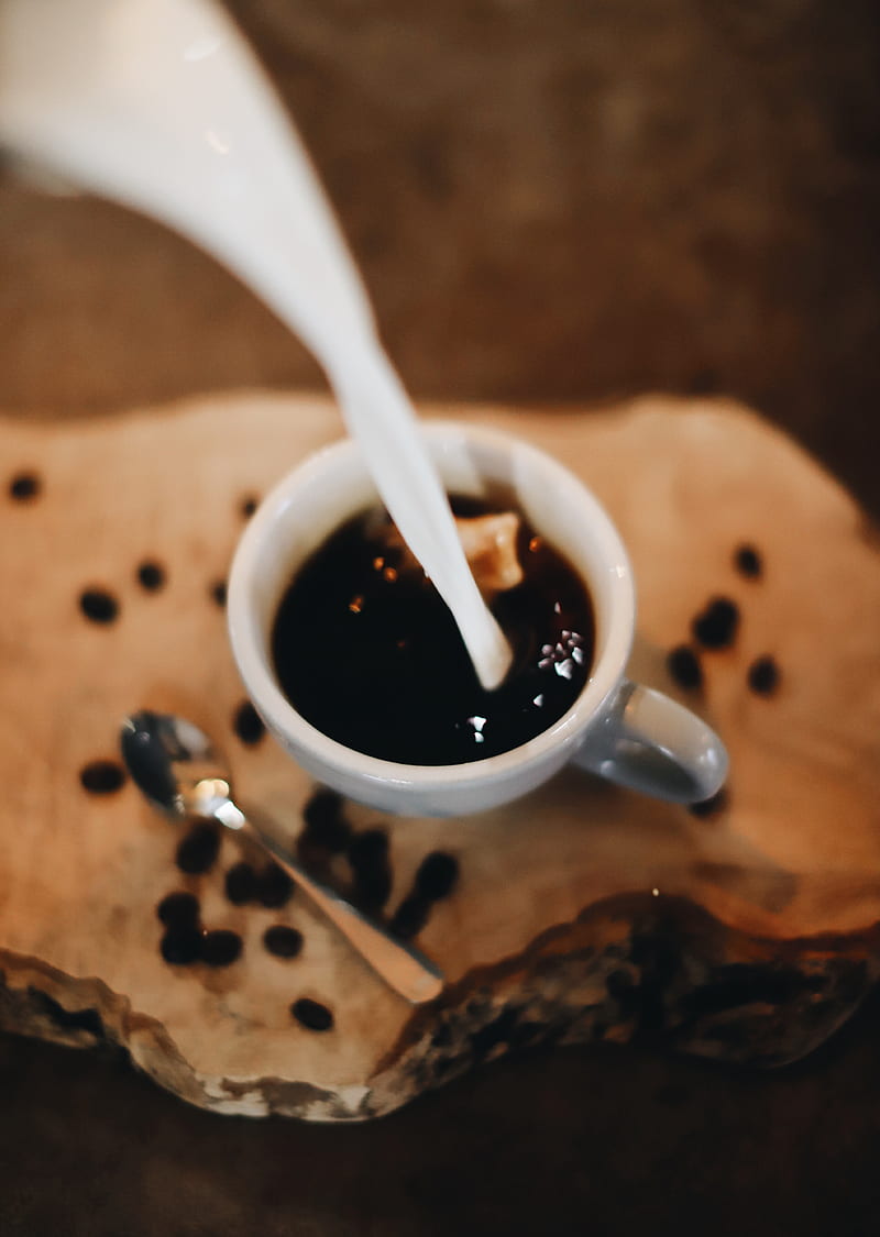 coffee, cup, milk, coffee beans, HD phone wallpaper