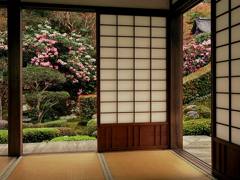 Japanese room in garden, garden, flowers, room, beautiful room, HD wallpaper