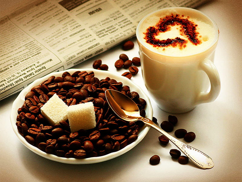 Morning coffee, aromatic, spoon, cup of coffee, newspaper, sugar, coffee, heart, plate, morning, cream, HD wallpaper