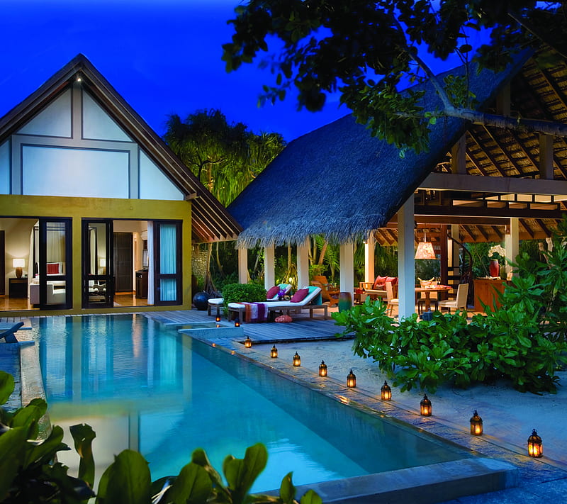 Resort, dream home, house, mansion, paradise, pool, tropical, HD wallpaper