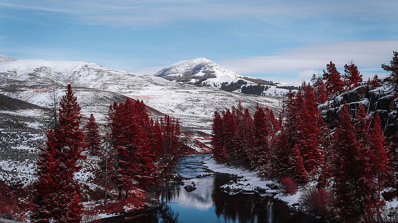 Snow Covered Mountains Rocks Red Leafed Trees Frozen River Scenery Nature, HD wallpaper