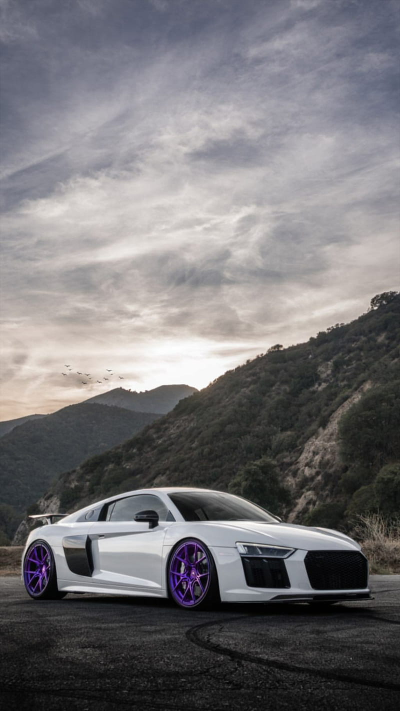 Purple Wheels, audi, r8, white, car, supercar, sports, america, new, mountains, HD phone wallpaper