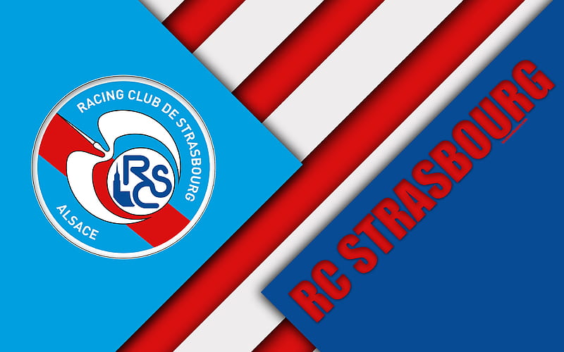 RC Strasbourg Alsace material design, logo, French football club, blue red abstraction, Ligue 1, Strasbourg, France, football, HD wallpaper