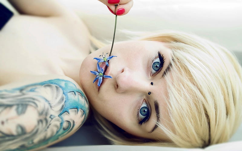 tatoo face, hair, blone, girl, tatoo, HD wallpaper
