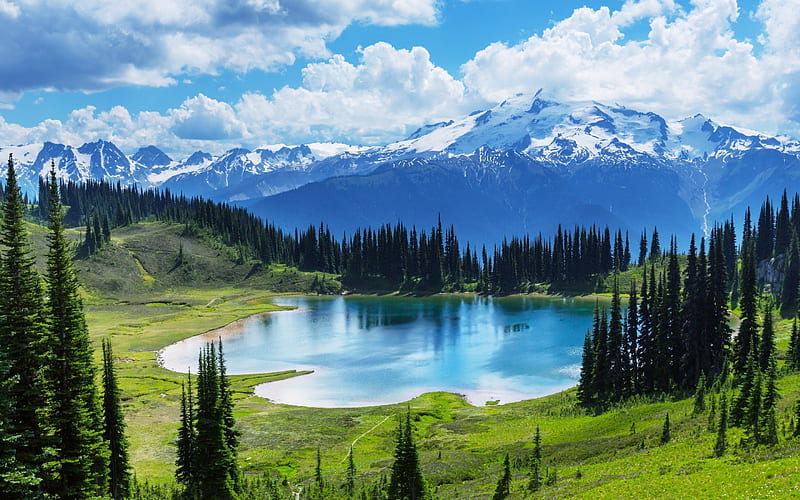 green meadows, mountain lake, mountains, spring, canada, HD wallpaper