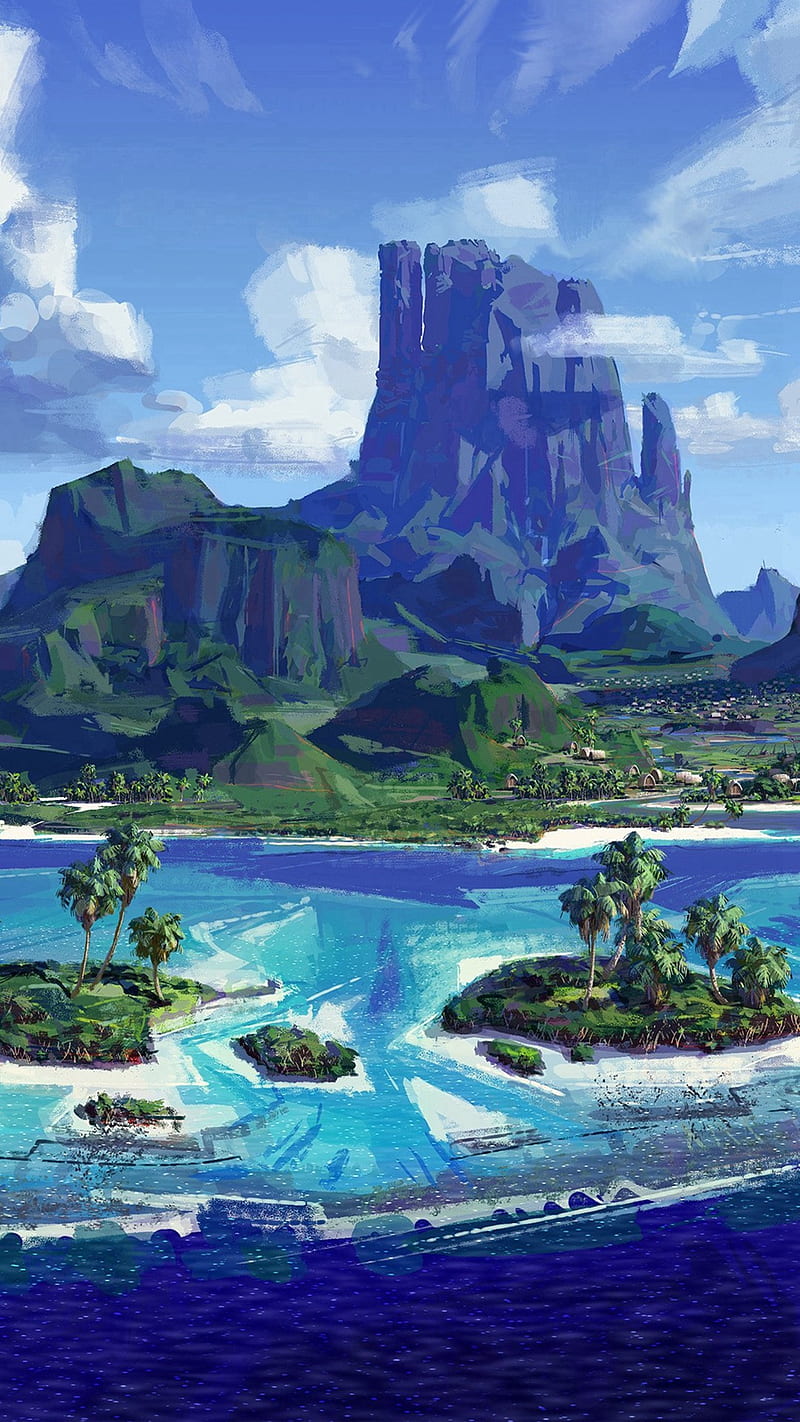 anime, sea, sky, island, portrait display, landscape, HD phone wallpaper