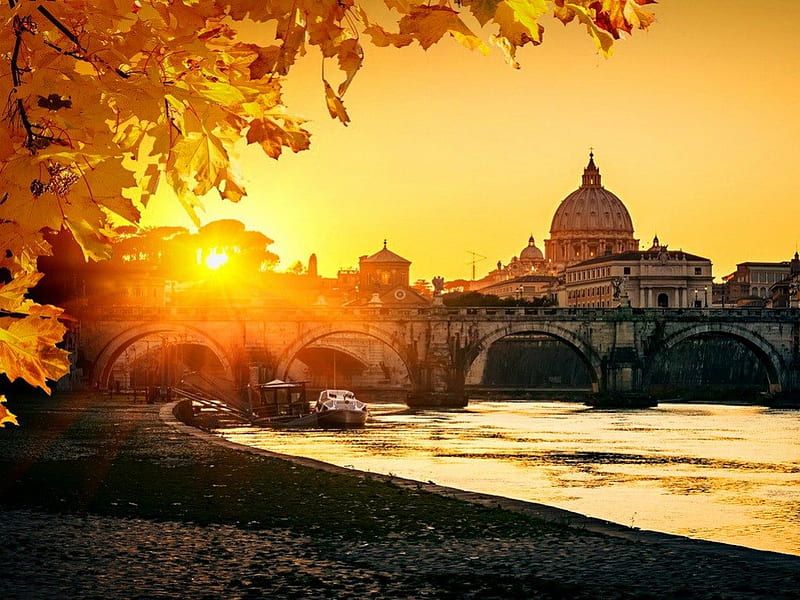 View at Tiber and Saint Peter's cathedral in Rome, Italy, cathedral, glow, orange, Italy, dazzling, shine, sunset, leaves, boats, dock, river, sunrise, light, view, sunlight, pier, golden, tree, water, rays, Roma, branches, HD wallpaper