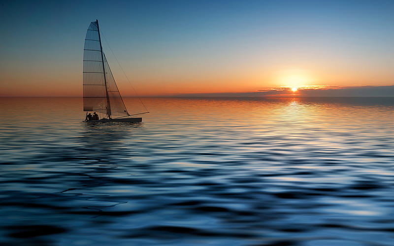The best time for sailng, amazing, sunset, ship, sea, HD wallpaper