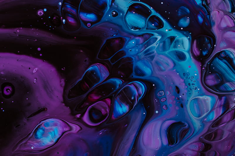 paint, spots, liquid, fluid art, stains, blue, purple, HD wallpaper