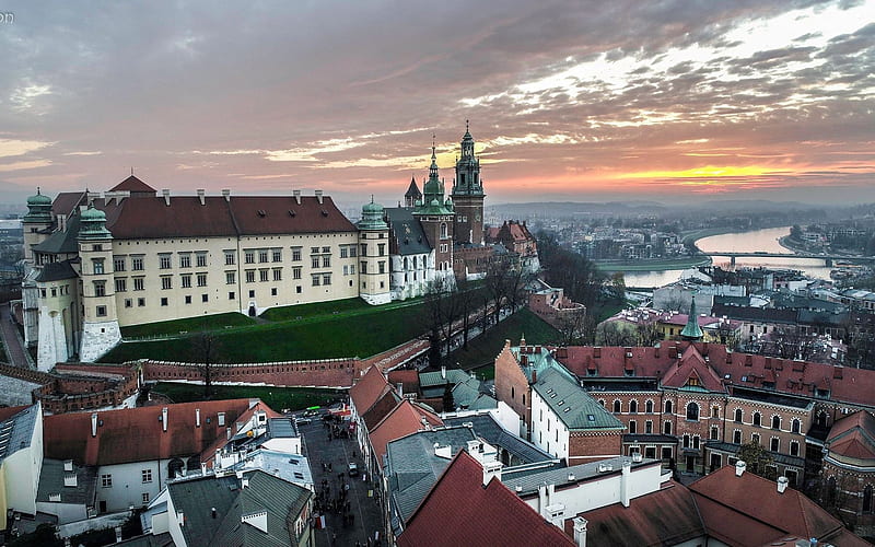 Krakow, Poland, Wawel, Krakow, Poland, river, castle, panorama, Vistula, HD wallpaper