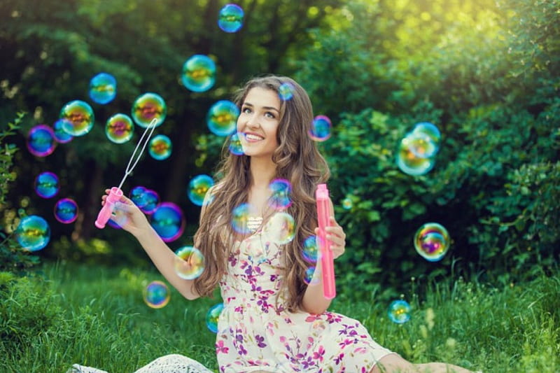 Enjoying Life, bubbles, blowing, model, lady, HD wallpaper