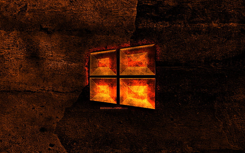Windows 10 fiery logo, orange stone background, Windows, creative, Windows 10 logo, brands, Windows 10, HD wallpaper