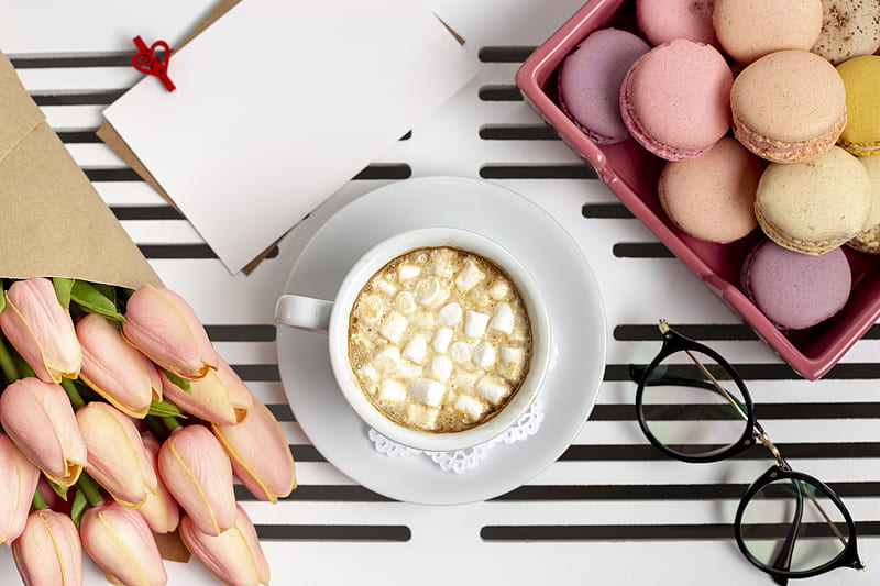 Food, Hot Chocolate, Cup, Macaron, Marshmallow, Still Life, Tulip, HD wallpaper
